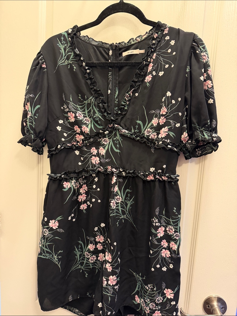 miami Black Floral Short Sleeve Romper with Ruffle Trim